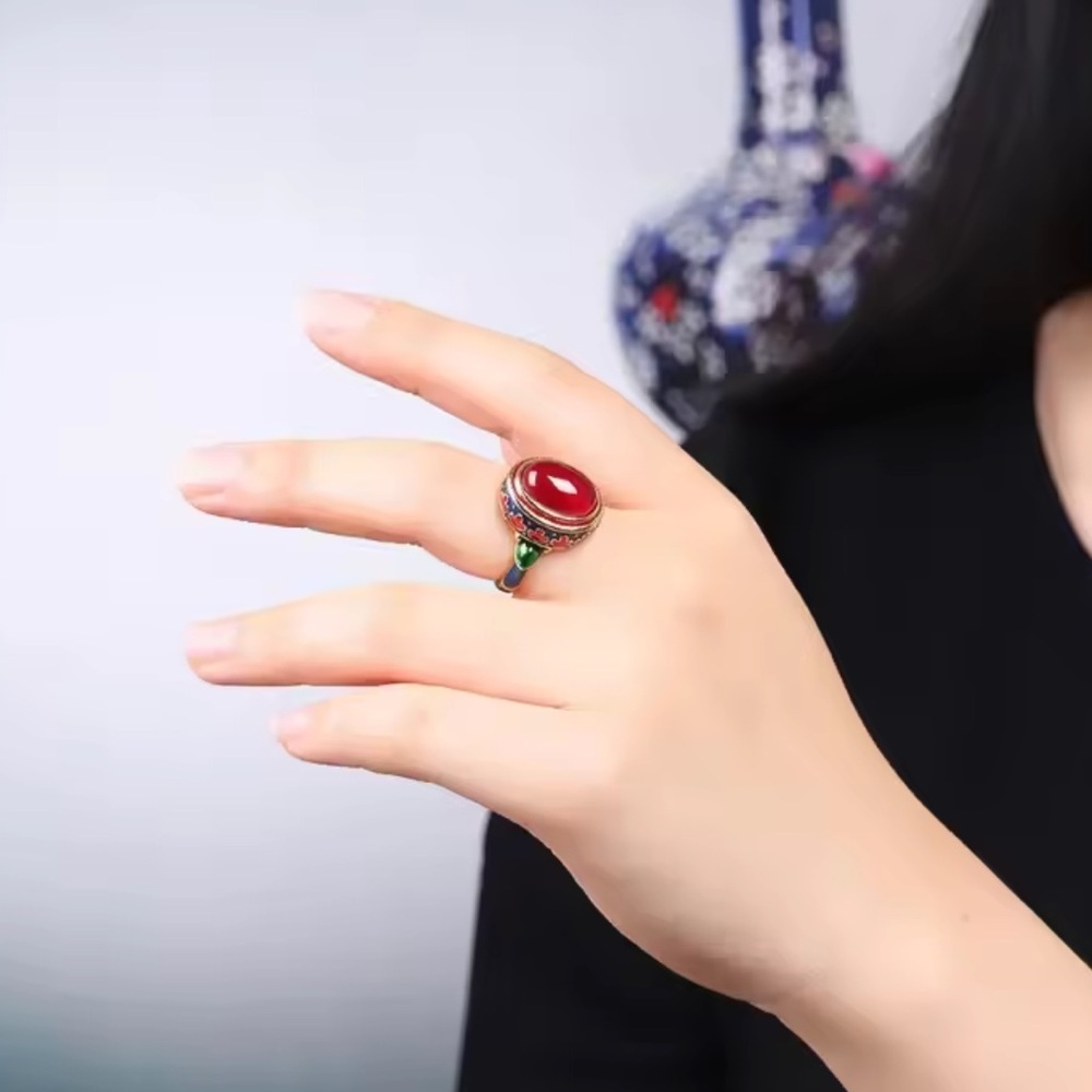 Anthropologie Gold Ring with Red Cabochon and Blue Enamel Accents - Picture 9 of 9
